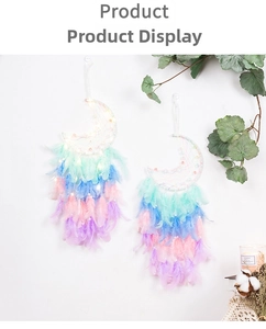 Moon dream catcher with colorful feathers and warm LED lights for wall decoration