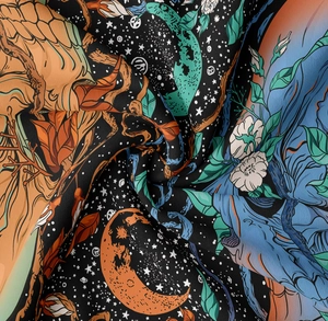 Detailed macro view of soft celestial tapestry fabric with stars and floral moon print