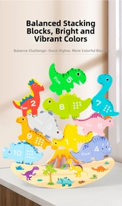 Close-up of wooden dinosaur balancing blocks with numbers and educational word patterns