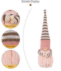 Detail view of pink and brown striped Christmas gnomes with knit caps and plush beards