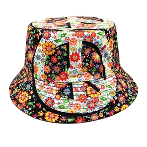 Bucket Hat Floral Peace Symbol Print Double Sided Polyester Sun Protection Outdoor Retro Fisherman Hat Women Men