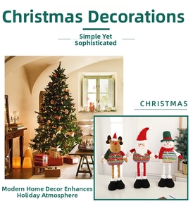 Detailed view of plush Santa, reindeer and snowman dolls in striped knit sweaters