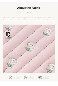 Close-up of pink quilted leather with daisy embroidery and high-elastic texture
