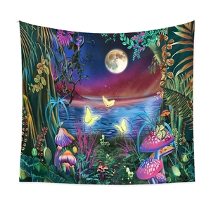Psychedelic mushroom tapestry with moon and neon forest for aesthetic room wall decor