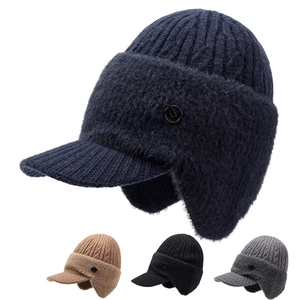 Men Winter Knit Beanie Hat With Visor And Ear Flaps Thickened Warm Acrylic Faux Fur Lined Windproof Outdoor Cap For Senior