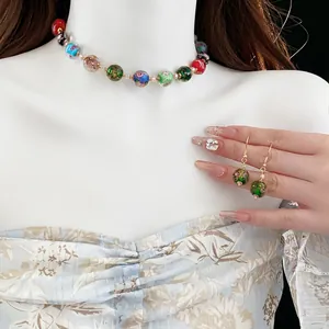 Handmade Colorful Lampwork Glass Bead Necklace Bracelet And Hook Earrings Floral Millefiori Boho Fashion Accessory For Women