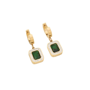 Elegant gold square earrings with emerald zircon and halo diamonds on white background