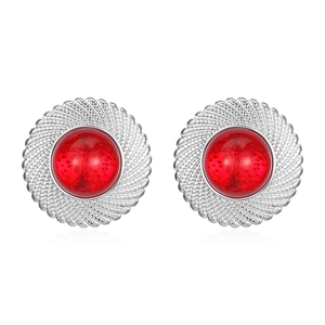 Retro round stainless steel earrings with silver braided texture and red gemstone center