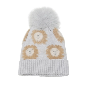 Bonnet en tricot d'hiver pour enfants avec pompon gris et motifs de lion mignon