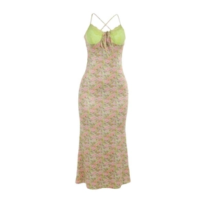 Robe longue dos nu avec dentelle, imprimé fleuri et col en V en vert clair doux