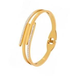 Elegant 18K gold-plated double-layer stainless steel bangle with pavé-set sparkling zircons
