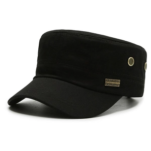 Classic black cotton canvas flat top military hat with side metal vents and logo