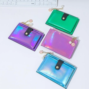 Multifunctional holographic PU card wallet with floral pearl keychain in four colors