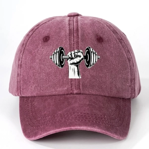 Close-up of vintage washed cotton baseball cap featuring a dumbbell graphic print
