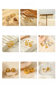 Detailed grid of 18K gold plated stainless steel floral, heart, and pearl earrings