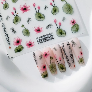 5D Relief Nail Art Stickers Chinese Ink Wash Pink Lotus Dragonfly Calligraphy Retro Self-Adhesive Manicure Decoration