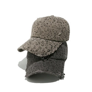 Distressed leopard print baseball caps with metal rings in khaki and dark grey color