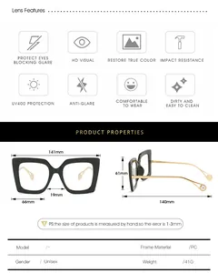 Detailed size chart for oversized square blue light glasses with frame dimensions in mm