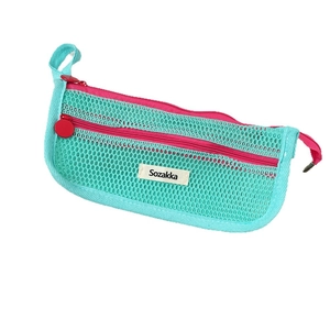 Dual-layer mesh pencil case in vibrant mint green and magenta for stationery storage