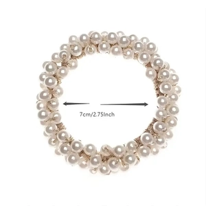 Elegant handmade pearl hair tie with gold woven rope and 7cm diameter measurement