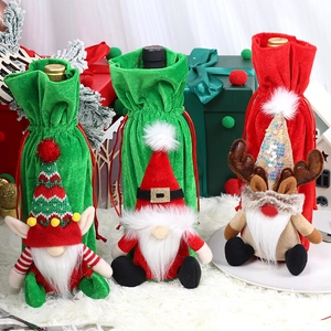 Christmas Wine Bottle Covers Velvet Gnome Reindeer Santa Claus Drawstring Gift Bags Festive Dinner Table Decor
