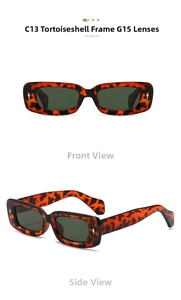 Detail view of tortoiseshell square sunglasses with G15 green lenses and gold dot rivets