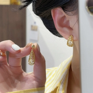 Elegant hollow teardrop earrings with crystals, gold retro French style jewelry for women