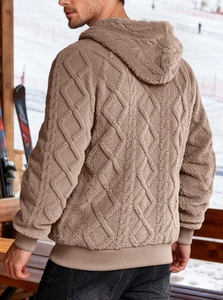 Detail showing the brown fleece hoodie texture and geometric diamond pattern on the back