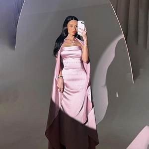 Elegant pink satin strapless long dress set with matching shawl in a slim fit style