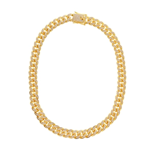 Hip hop style gold Cuban link necklace with sparkling white rhinestones on white background
