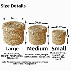 Detailed size chart for round woven straw boxes in small medium and large dimensions