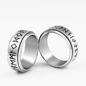 Rotating stainless steel Viking Rune ring with brushed finish in silver for men