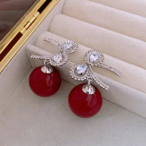 French vintage silver needle earrings with bowknot and red pearl bead details