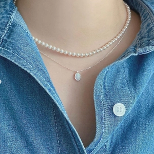 Double-layered 925 silver necklace with white pearls and oval opal stone pendant