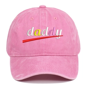 Pink washed cotton baseball cap featuring colorful daddy embroidery in a vintage style