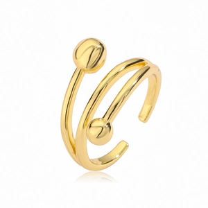 Polished 18K gold plated spiral bow ring with double ball ends and adjustable opening