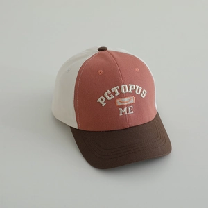 Detail shot of stitched lettering on cotton twill baseball cap with tri-color panels