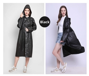 Close-up of black EVA adult raincoat with snap buttons and drawstring hood details