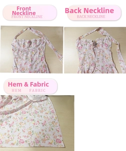 Detail view of pink floral halter dress showing neckline ties and soft fabric texture