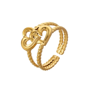 Adjustable gold plated stainless steel ring with hollow double heart design for women