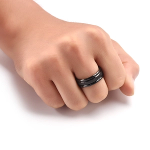 Men's fashion black matte stainless steel ring with vertical grooves shown on hand