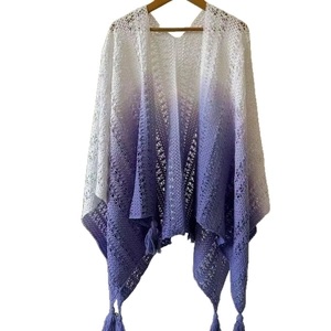 Elegant gradient white to purple hollow crochet shawl with decorative fringe for women