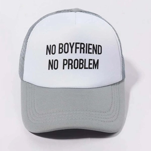 Gray and white trucker hat with NO BOYFRIEND NO PROBLEM text and mesh back design