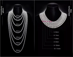 Size comparison chart showing various pearl diameters and necklace lengths from 43cm to 160cm
