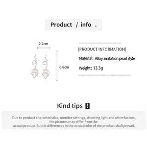 Detailed size chart of knotted leaf earrings with heart-shaped imitation pearl drops