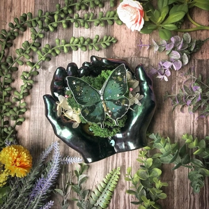 Iridescent resin hand-shaped tray mold with butterfly and moss decor for DIY crafts