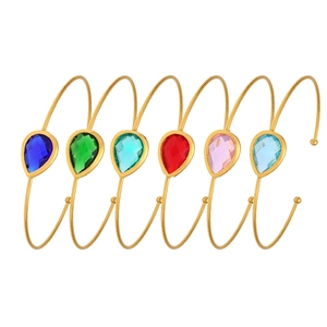 Set of 6 gold stainless steel open bangles with colorful pear-shaped glass stones
