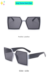 Detailed front and side views of oversized gray and black geometric kids sunglasses