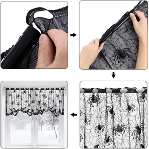 Step-by-step guide showing how to hang a black lace spider web curtain with bat patterns
