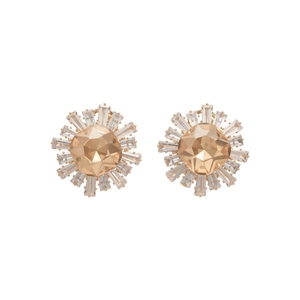 Retro champagne zircon earrings with sunburst baguette halo on white background